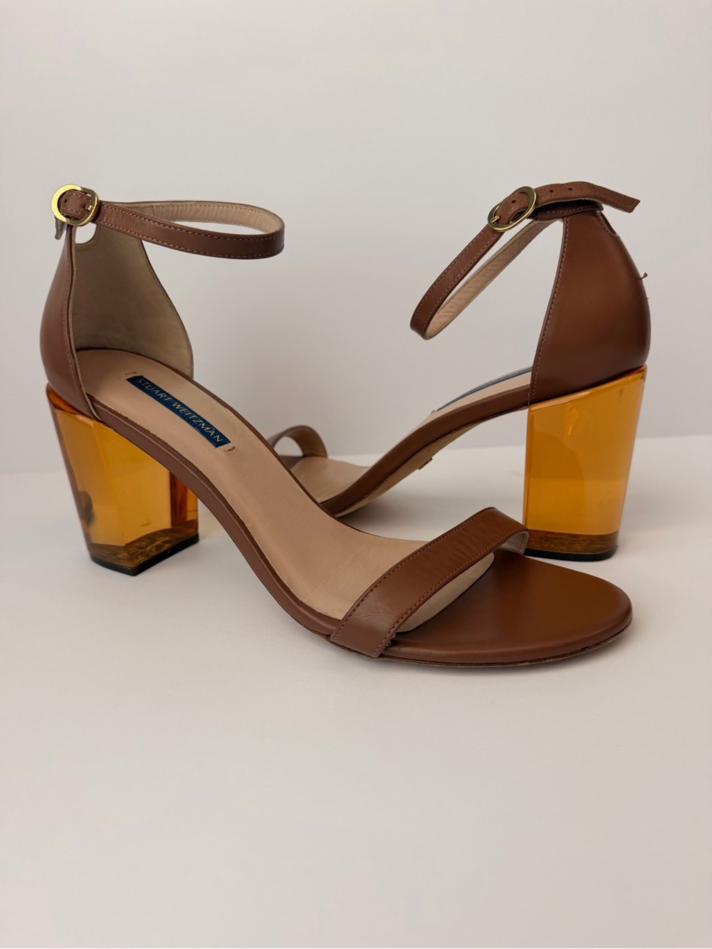 Stuart Weitzman Brown Leather Sandals with Amber Block Heel size 10